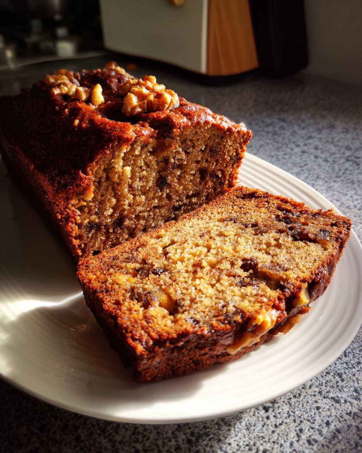A close-up of moist date nut bread, sliced on a white plate, topped with walnuts.