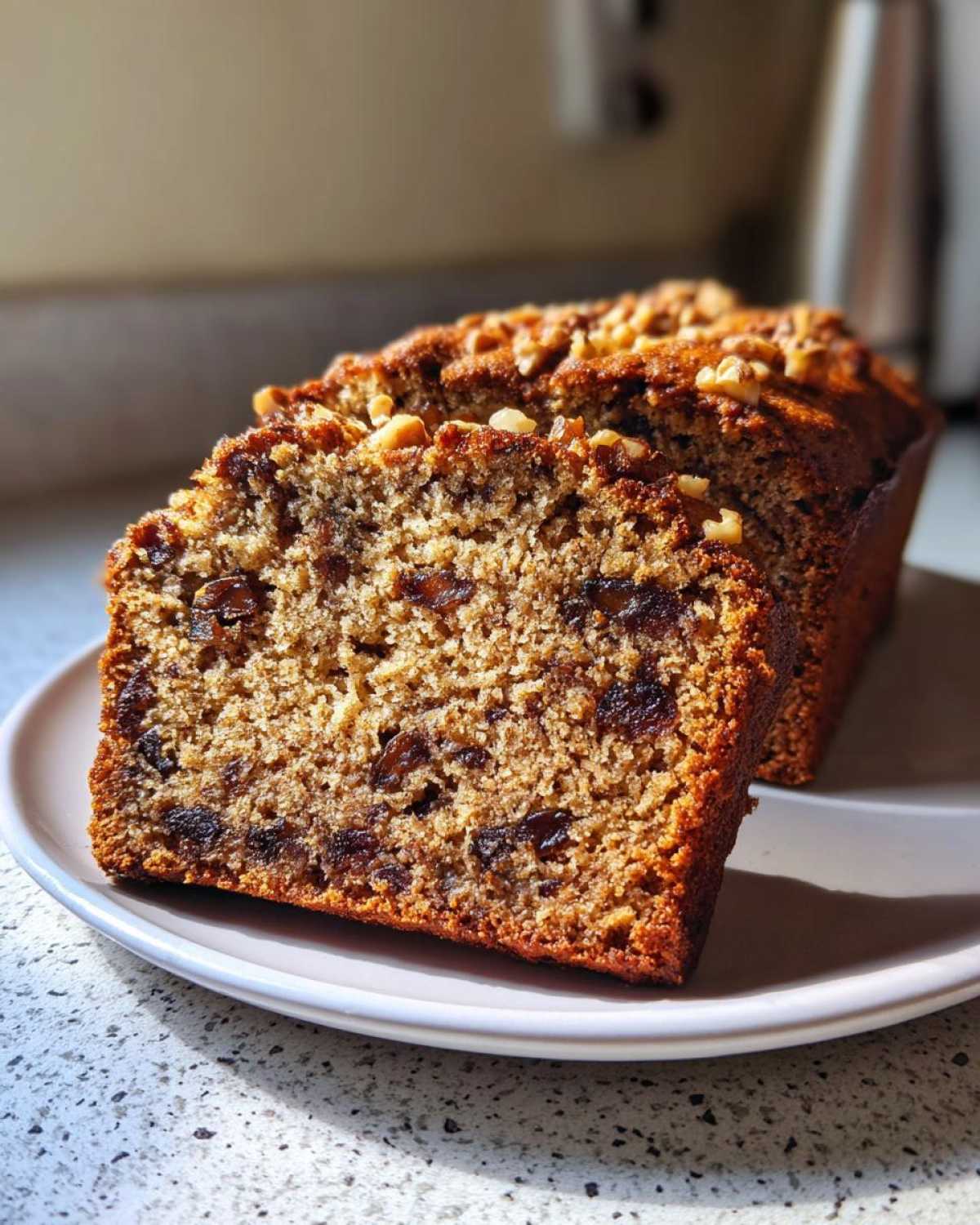 Close-up of moist date nut bread, sliced and topped with chopped walnuts, sitting on a light plate.