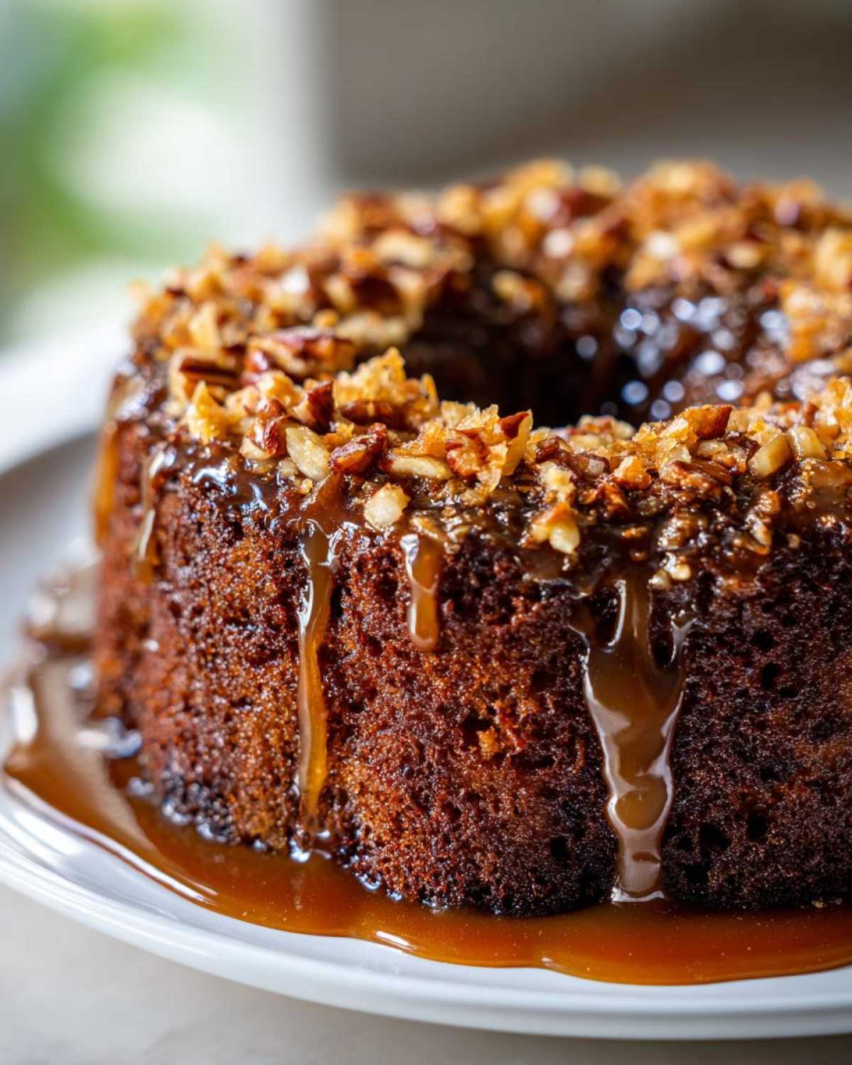 Close-up of a moist german chocolate poke cake drizzled with caramel sauce and topped with pecans.