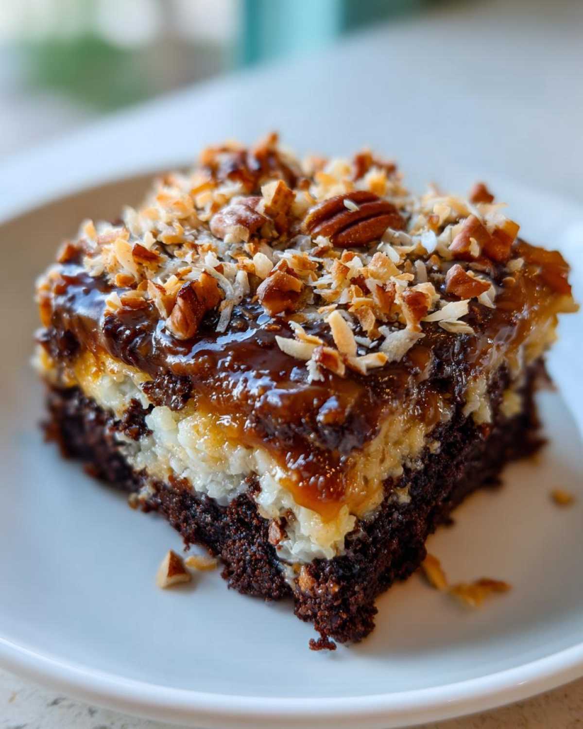 Close-up of a moist slice of german chocolate poke cake topped with gooey caramel, coconut, and pecans.