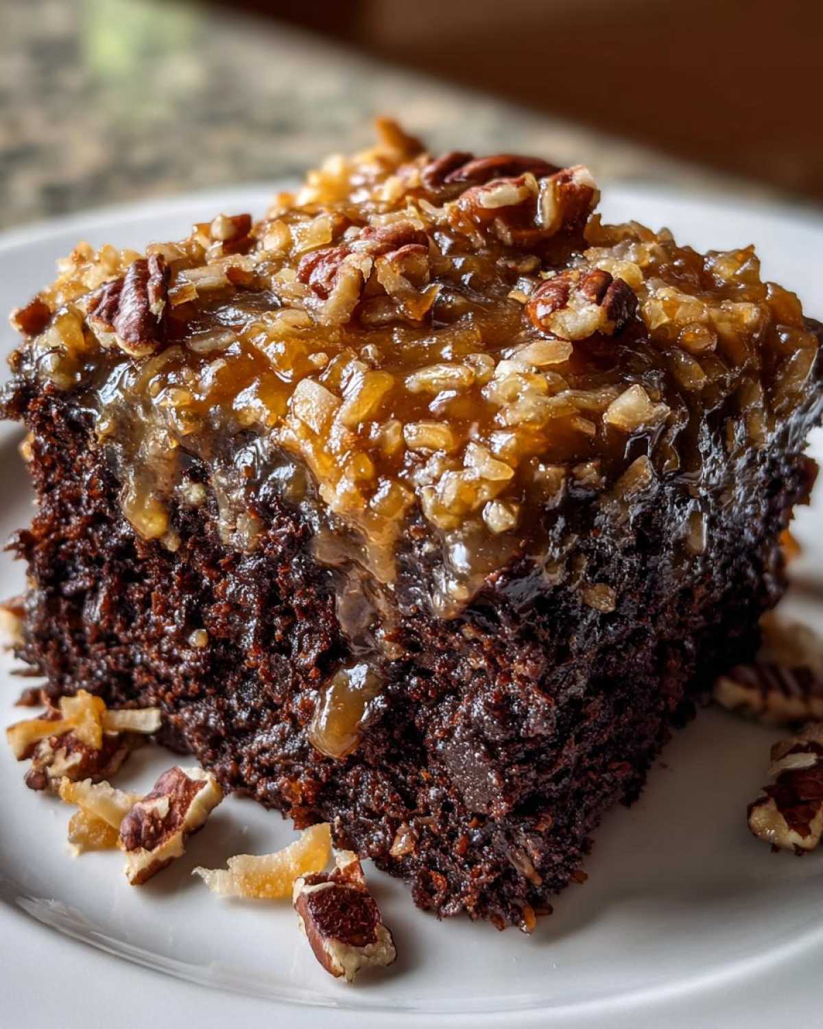Close-up of a moist slice of german chocolate poke cake topped with gooey coconut-pecan frosting.