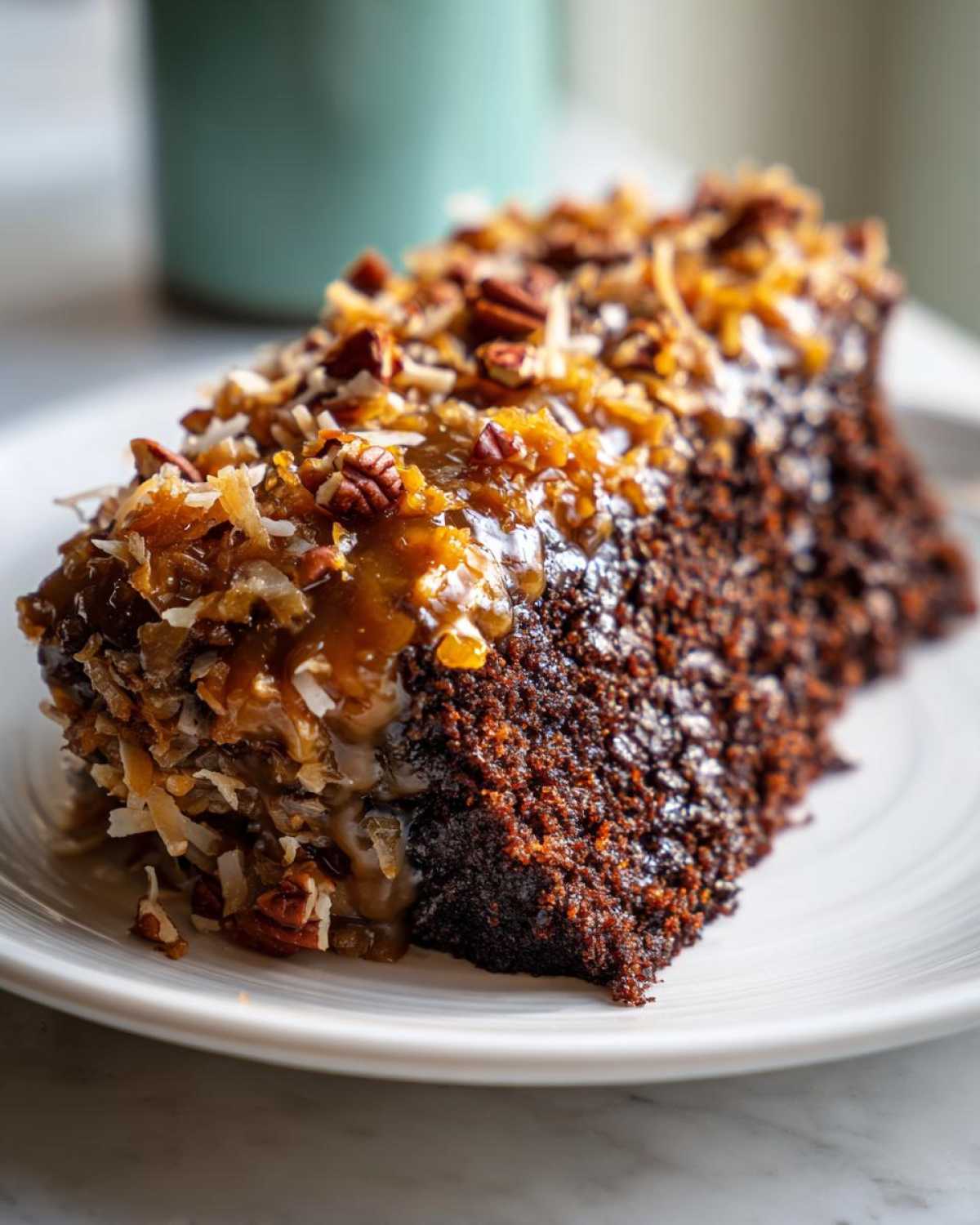 Close-up of a moist slice of german chocolate poke cake topped with gooey caramel, pecans, and coconut.