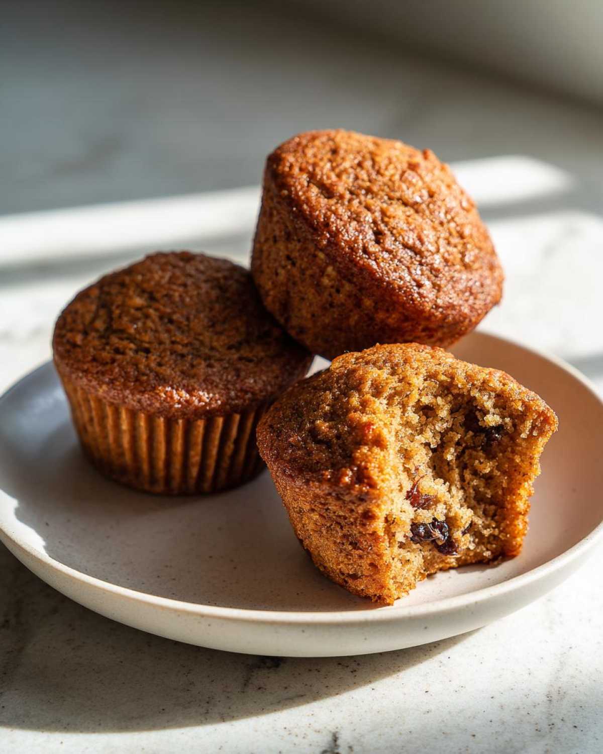 Three moist honey bran muffins stacked on a light plate, one with a bite taken out showing raisins inside.