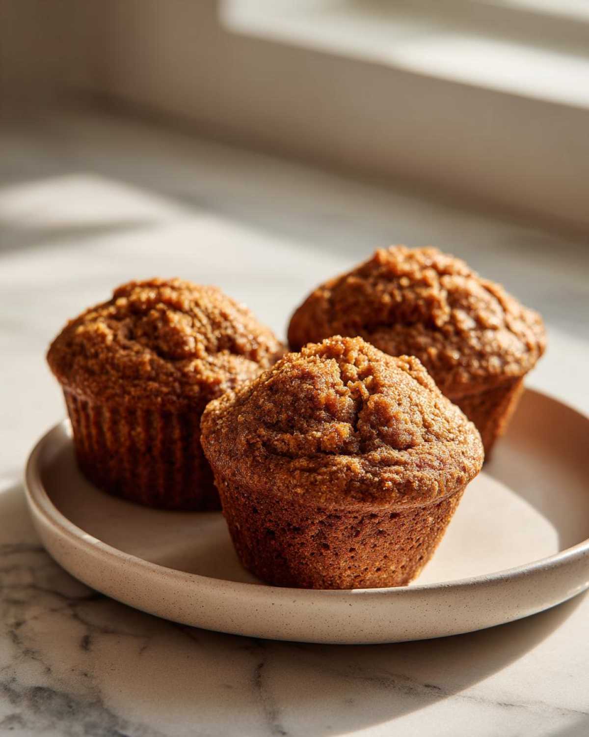 Three freshly baked, dark brown honey bran muffins sitting on a light ceramic plate near a window.