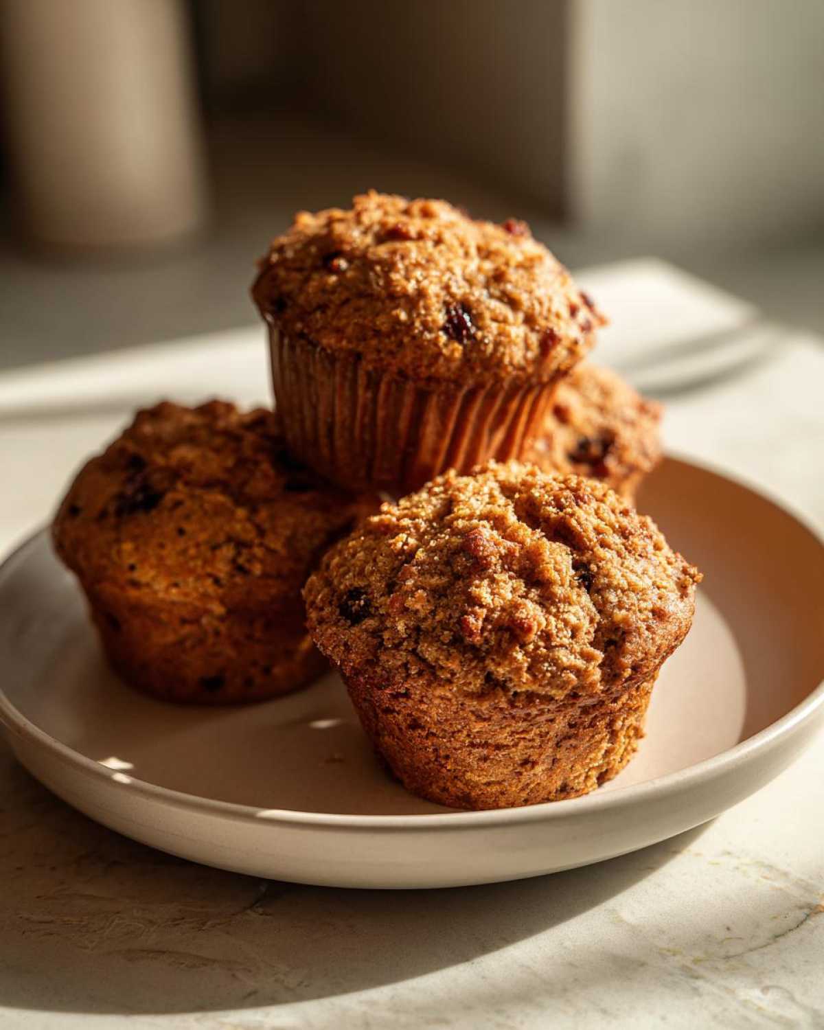 A stack of four moist honey bran muffins with crumbly tops served on a light-colored plate.