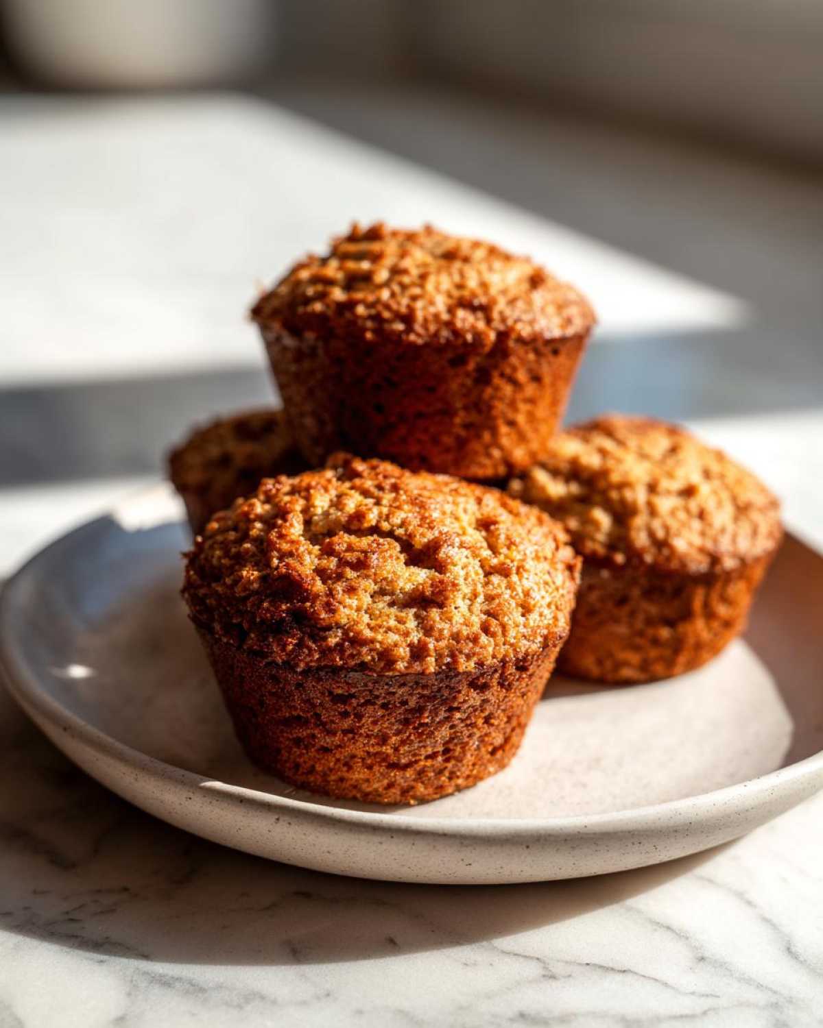 A close-up of four golden-brown honey bran muffins stacked slightly on a speckled ceramic plate.