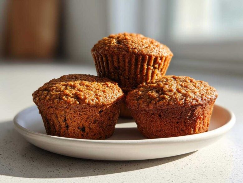 Three perfectly baked, moist honey bran muffins stacked slightly on a small white plate in bright sunlight.