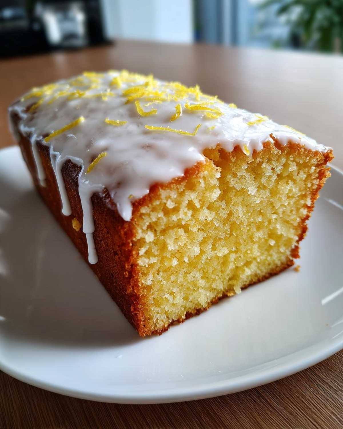 Close-up of a moist lemon pound cake slice topped with white glaze and bright yellow lemon zest.