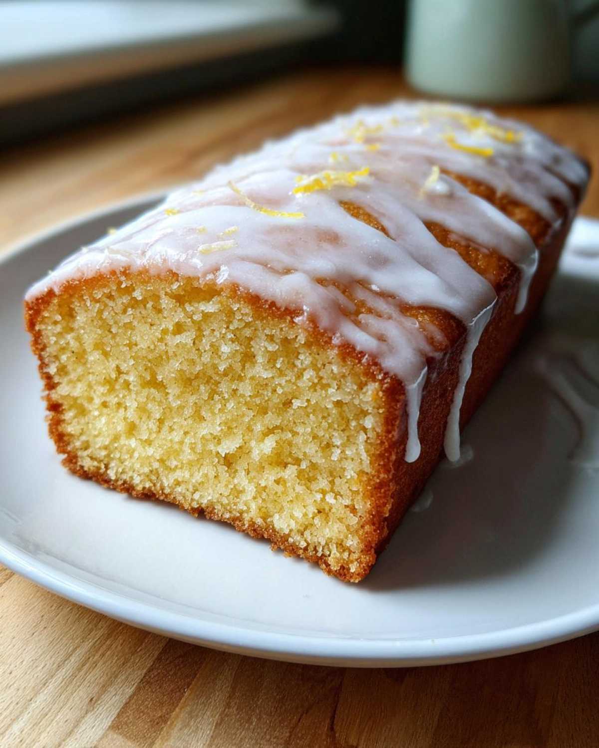 A close-up of a moist lemon pound cake loaf, drizzled with white icing and topped with lemon zest.