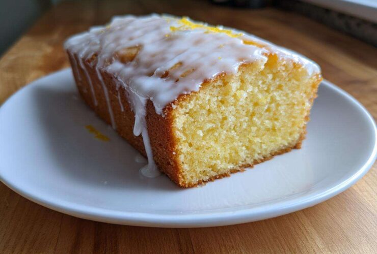 A close-up of a moist slice of lemon pound cake topped with white glaze and lemon zest.