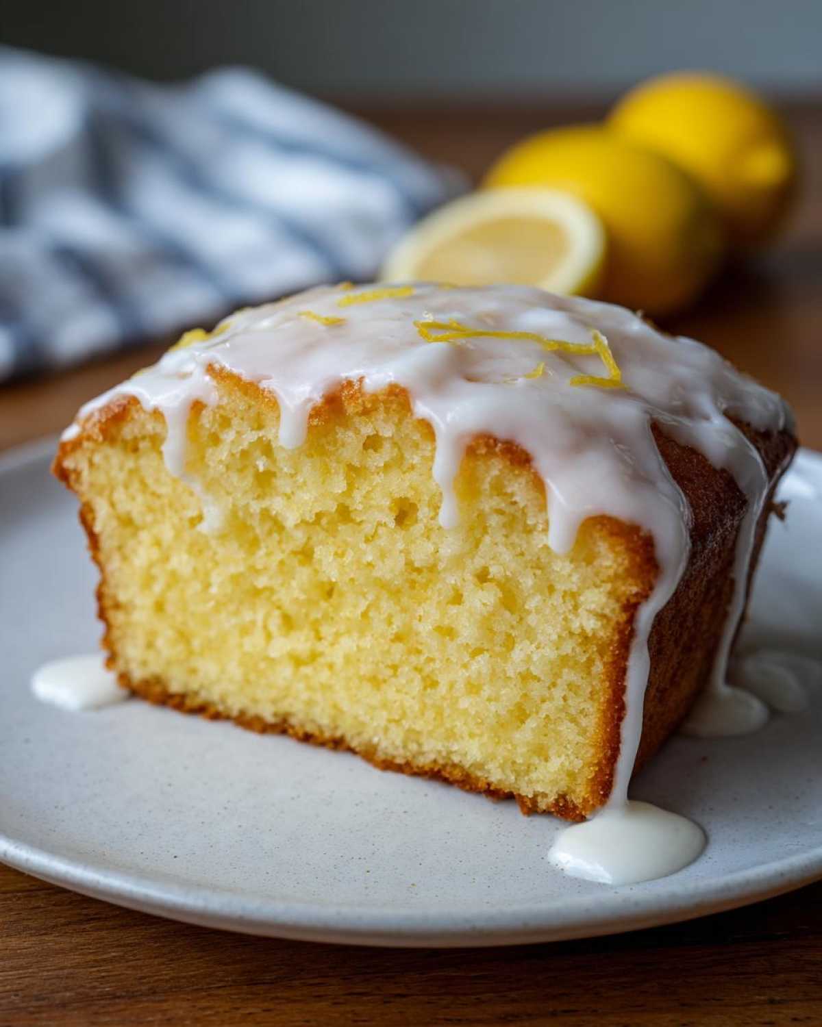 Close-up of a moist slice of lemon pound cake topped with white glaze and zest.