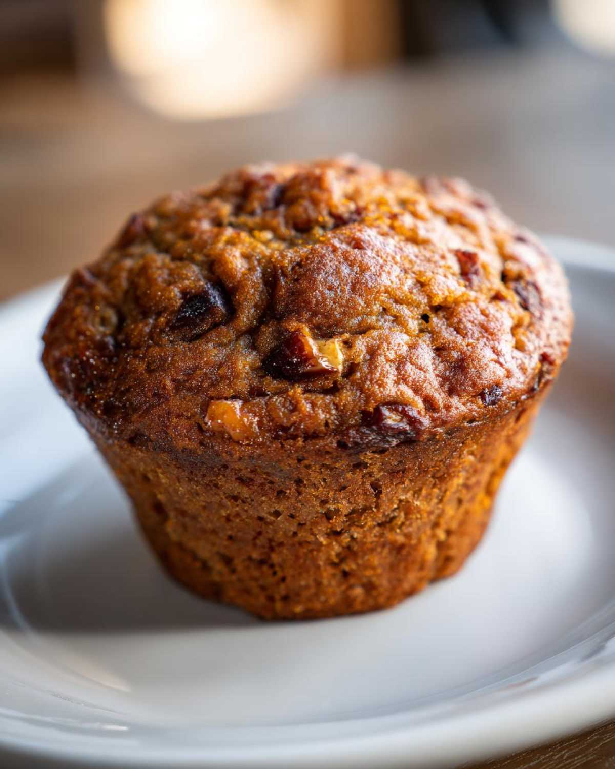 A close-up, vertical shot of a single, perfectly baked morning glory muffin sitting on a white plate.