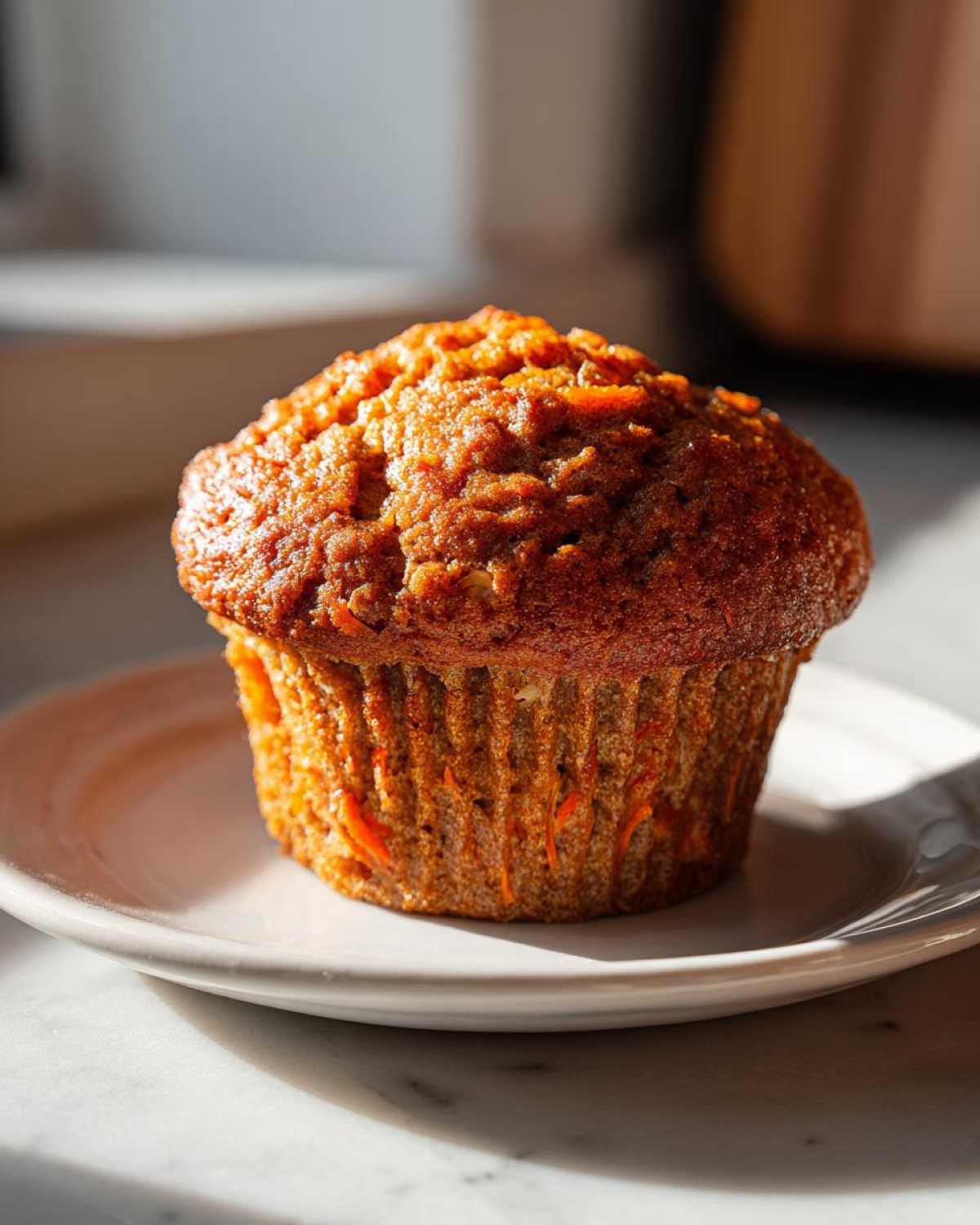 A single, perfectly baked, moist morning glory muffin sitting on a small white plate, catching the sunlight.