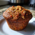Close-up of a perfectly baked, moist morning glory muffin topped with chopped walnuts.