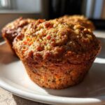 A close-up, sunlit view of two freshly baked, moist morning glory muffins sitting on a white plate.