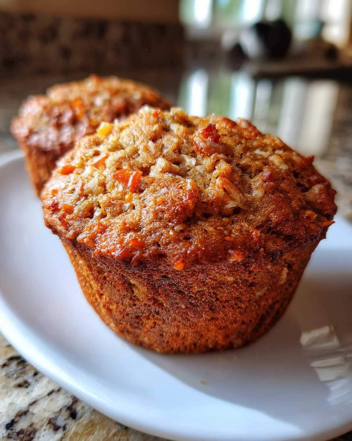 Close-up of two freshly baked, golden-brown morning glory muffins on a white plate.