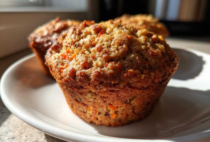A close-up, sunlit view of two freshly baked, moist morning glory muffins sitting on a white plate.