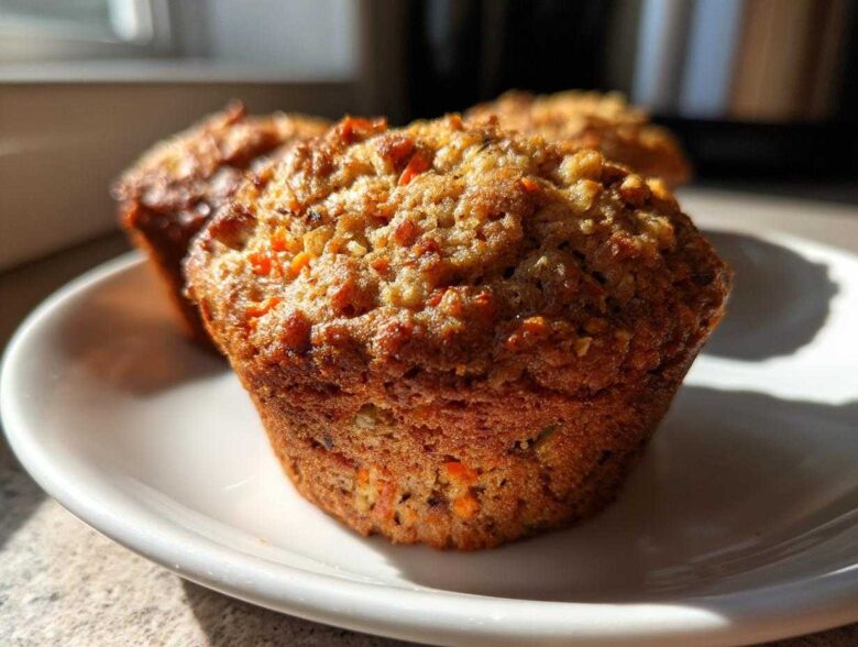 A close-up, sunlit view of two freshly baked, moist morning glory muffins sitting on a white plate.
