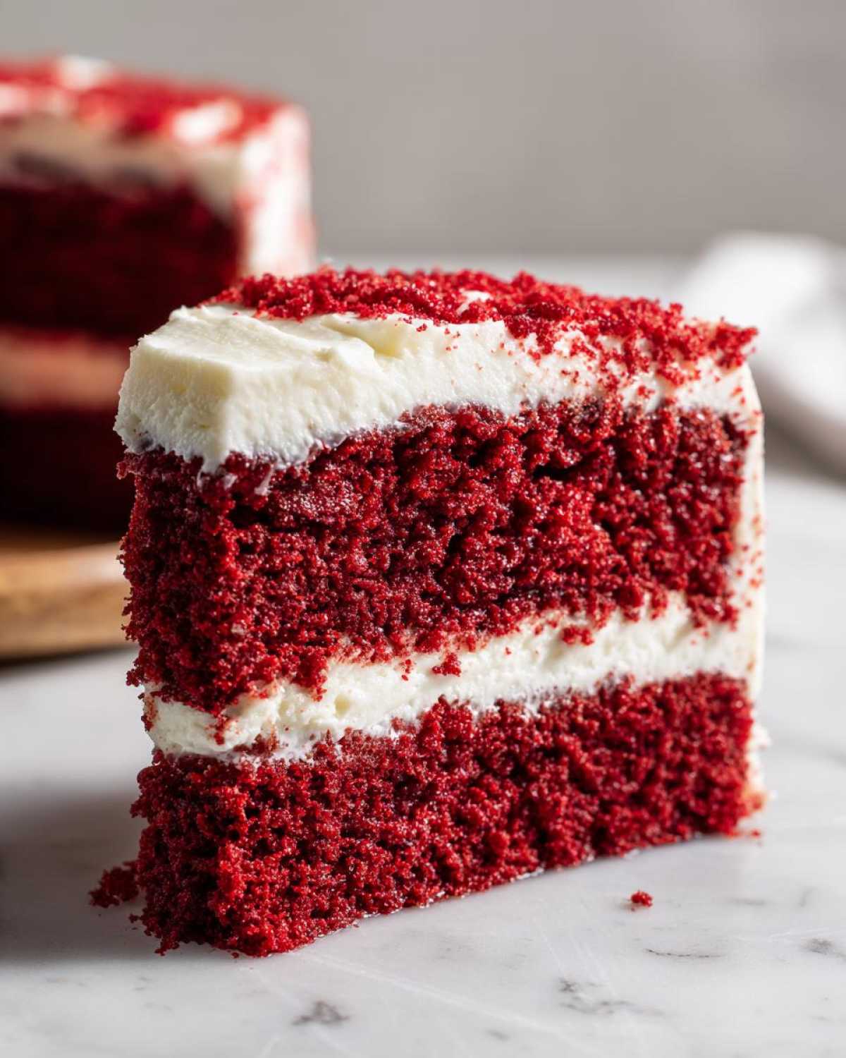 Close-up of a moist slice of red velvet cake showing two layers of deep red cake and white cream cheese frosting.