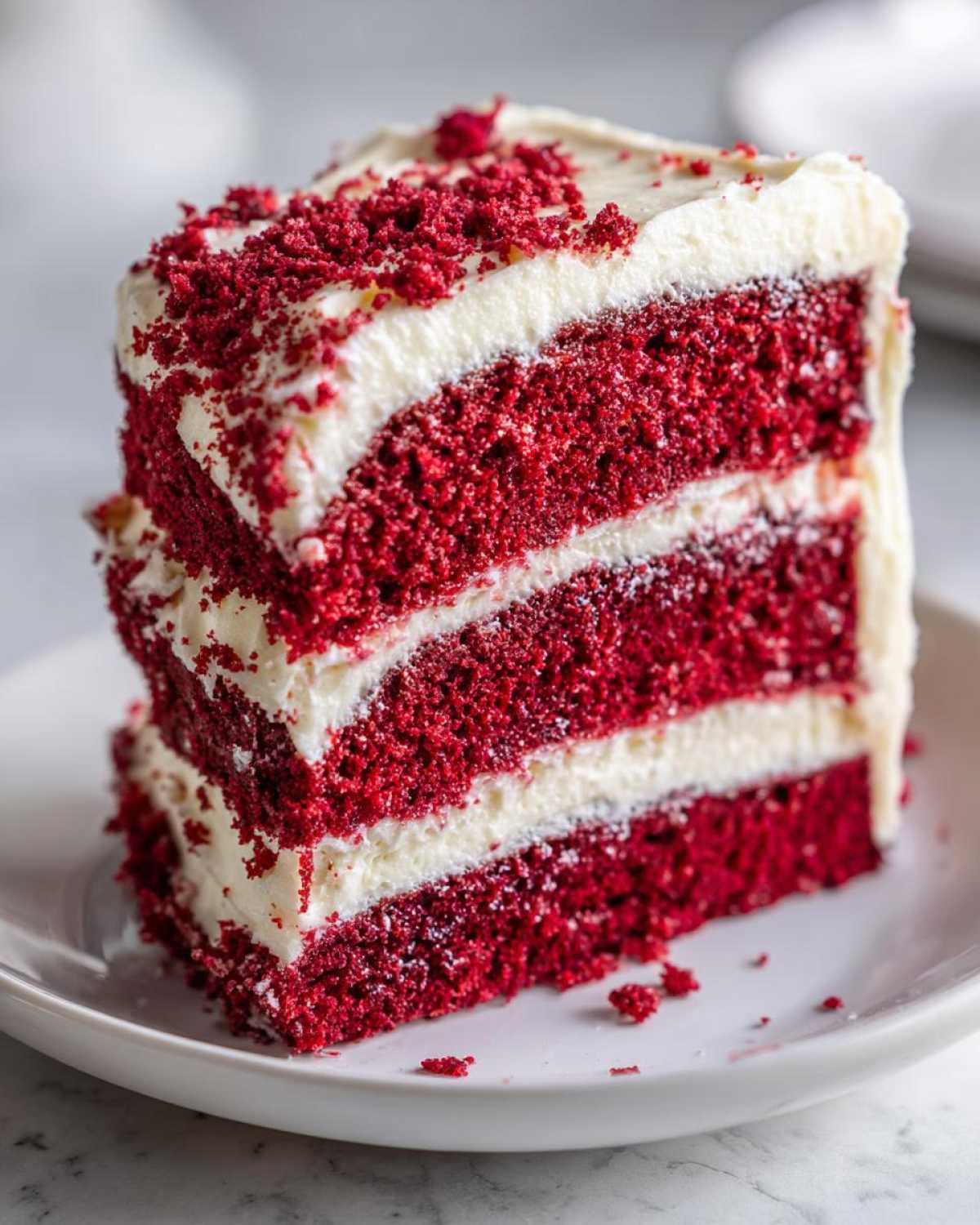 Close-up of a tall slice of moist red velvet cake layered with thick cream cheese frosting and topped with red crumbs.