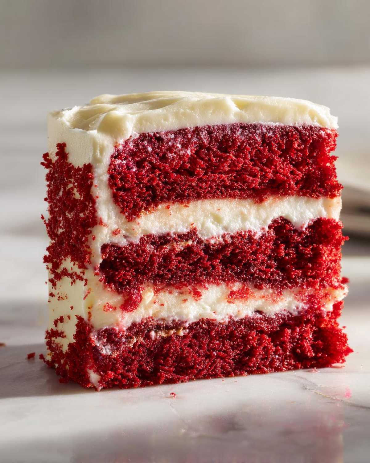 Close-up of a moist slice of red velvet cake showing three layers of bright red cake separated by thick white cream cheese frosting.
