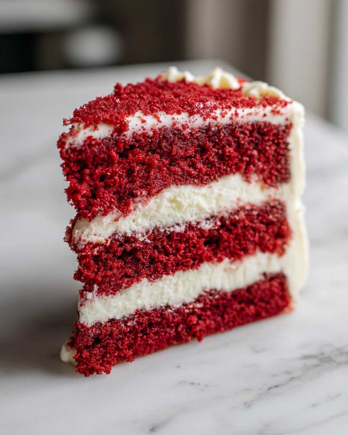 Close-up of a tall, moist slice of red velvet cake showing three layers of deep red cake separated by white cream cheese frosting.