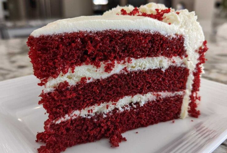 Close-up of a moist slice of red velvet cake showing three layers of deep red cake separated by thick white cream cheese frosting.