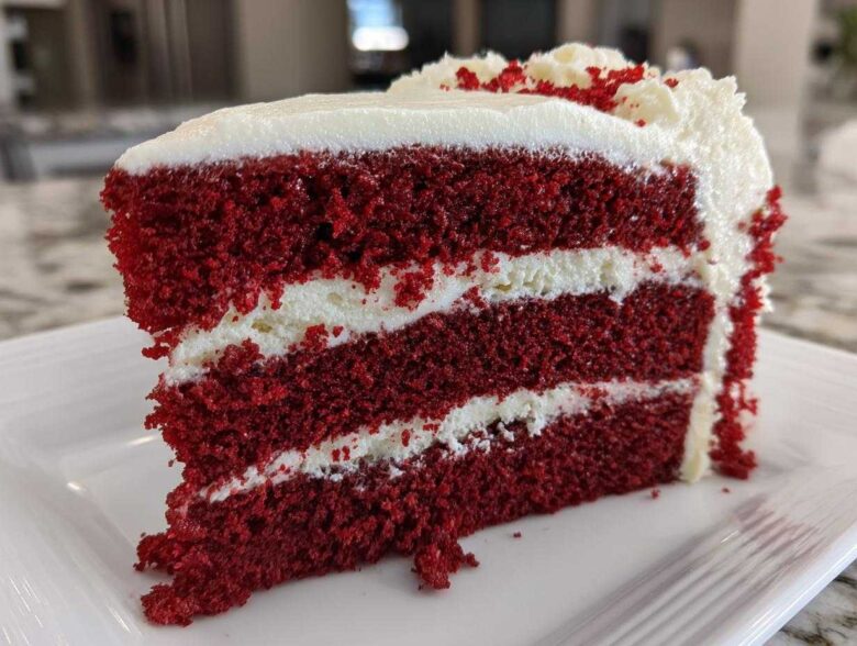 Close-up of a moist slice of red velvet cake showing three layers of deep red cake separated by thick white cream cheese frosting.