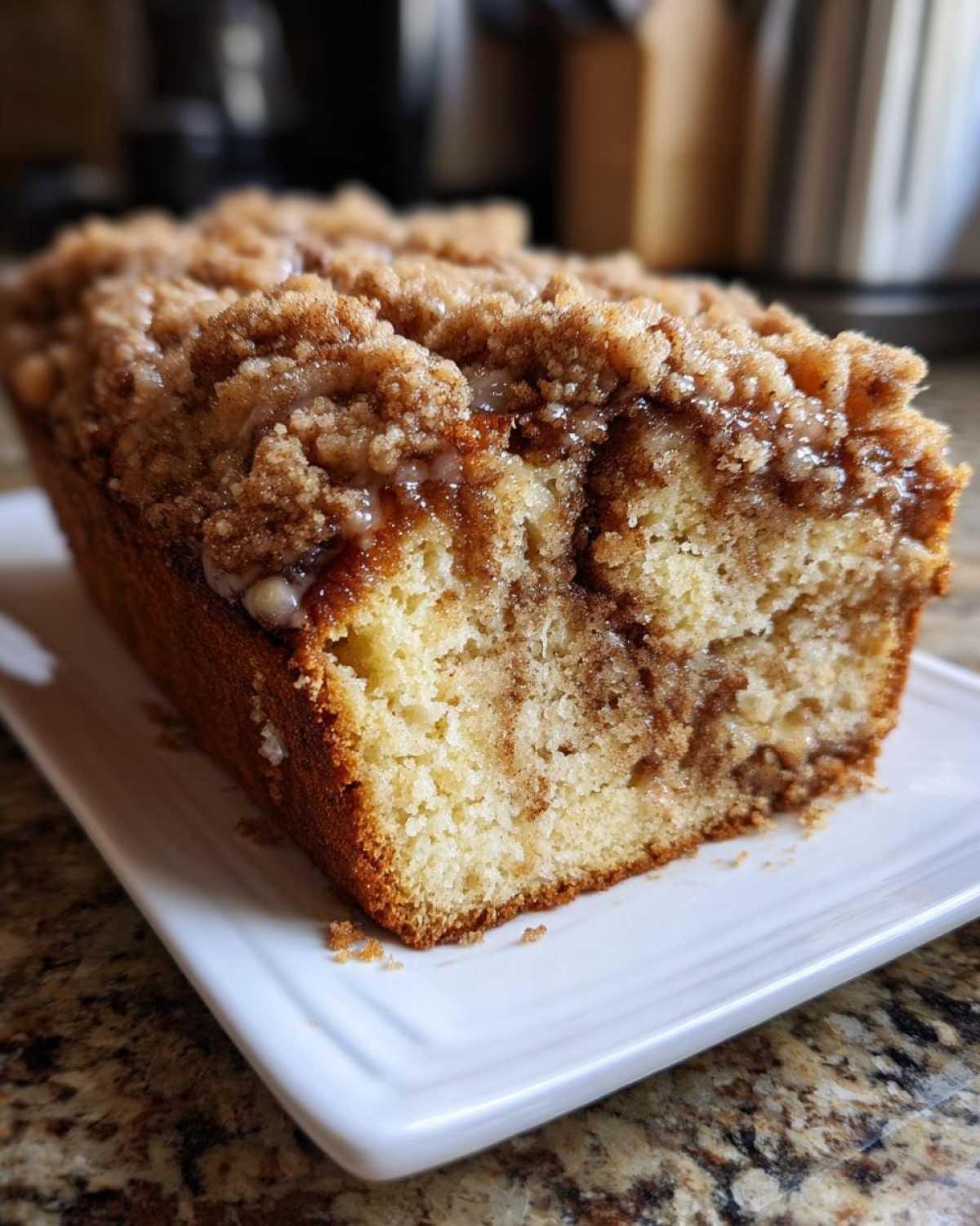 Close-up of a slice of moist sour cream coffee cake featuring a thick cinnamon streusel topping and glaze.