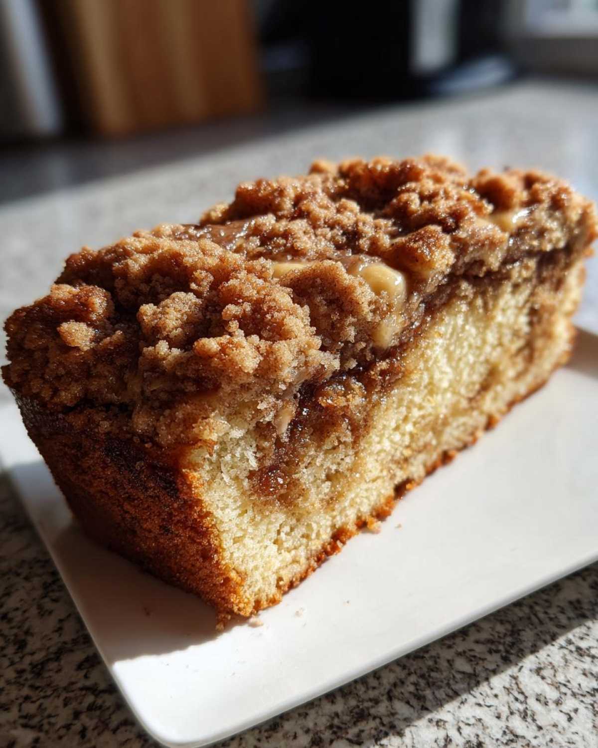 Close-up of a moist slice of sour cream coffee cake featuring a thick cinnamon streusel topping.