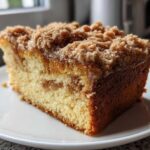 A close-up of a moist slice of sour cream coffee cake featuring a thick cinnamon streusel topping on a white plate.
