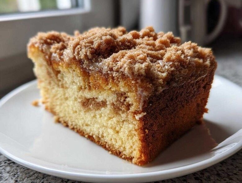 A close-up of a moist slice of sour cream coffee cake featuring a thick cinnamon streusel topping on a white plate.