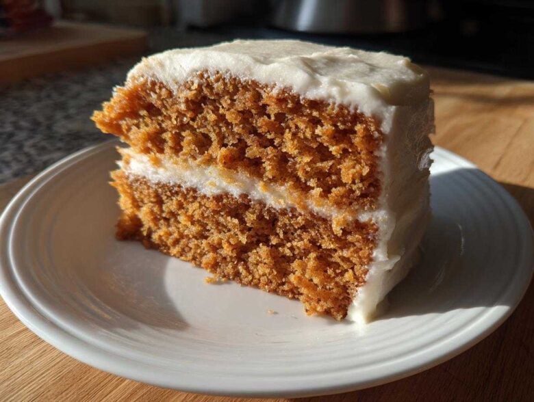 A close-up of a thick slice of moist spice cake with two layers and creamy white frosting.
