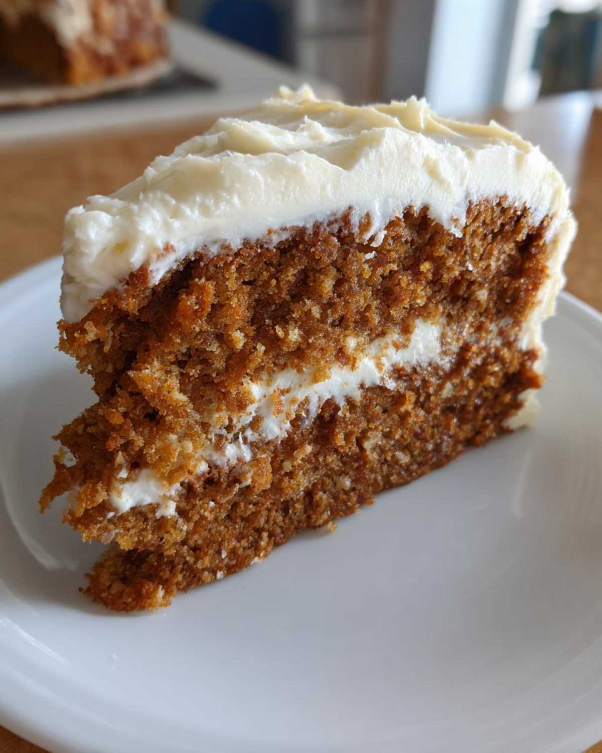 Close-up of a thick, moist slice of spice cake layered with cream cheese frosting on a white plate.