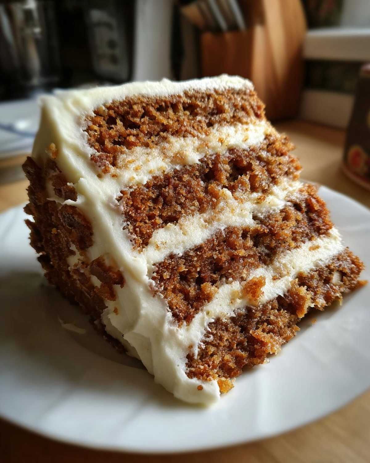 A close-up, mouthwatering slice of moist spice cake with thick layers of white cream cheese frosting.