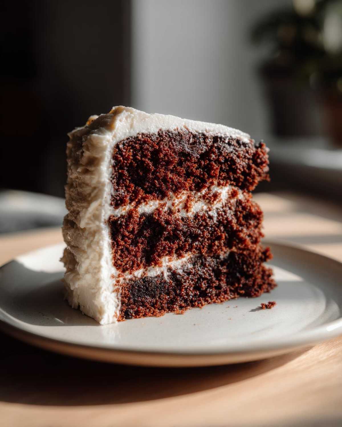 A rich, moist slice of three-layer spice cake with thick white frosting, dramatically lit by sunlight.