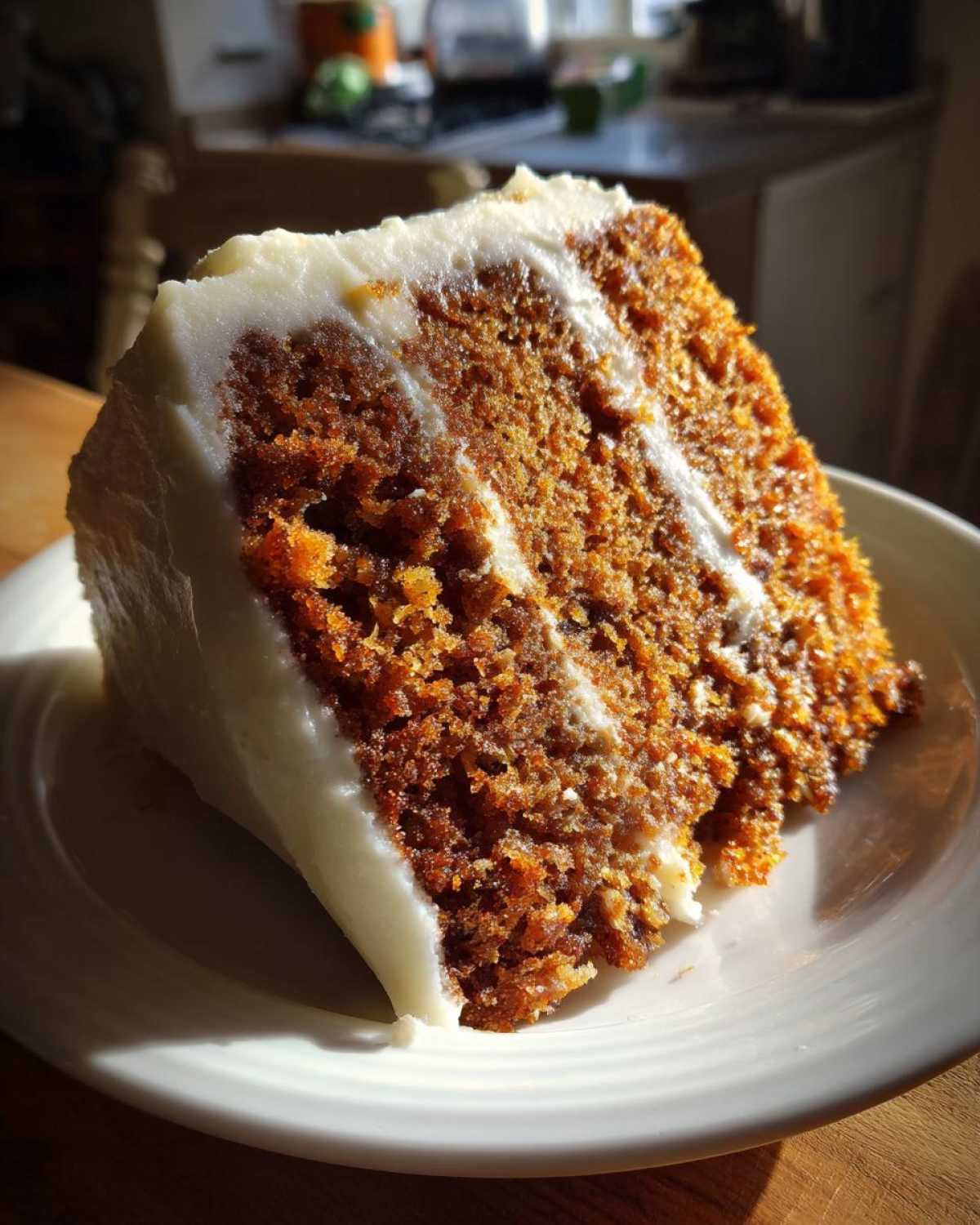 A close-up, sunlit slice of moist spice cake layered with thick white cream cheese frosting on a white plate.