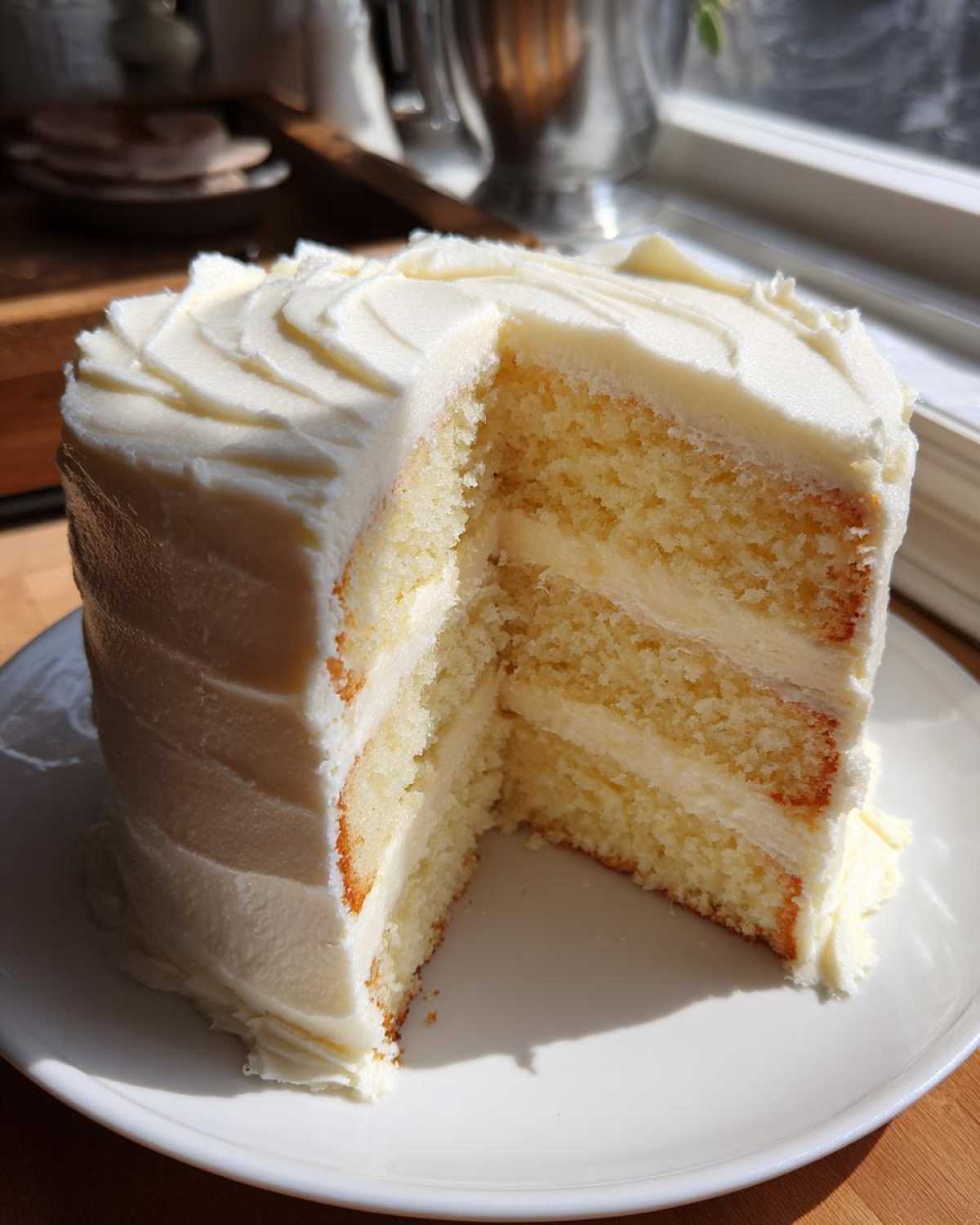 A slice cut from a tall, moist vanilla cake recipe, showing three layers of yellow cake and white buttercream frosting.