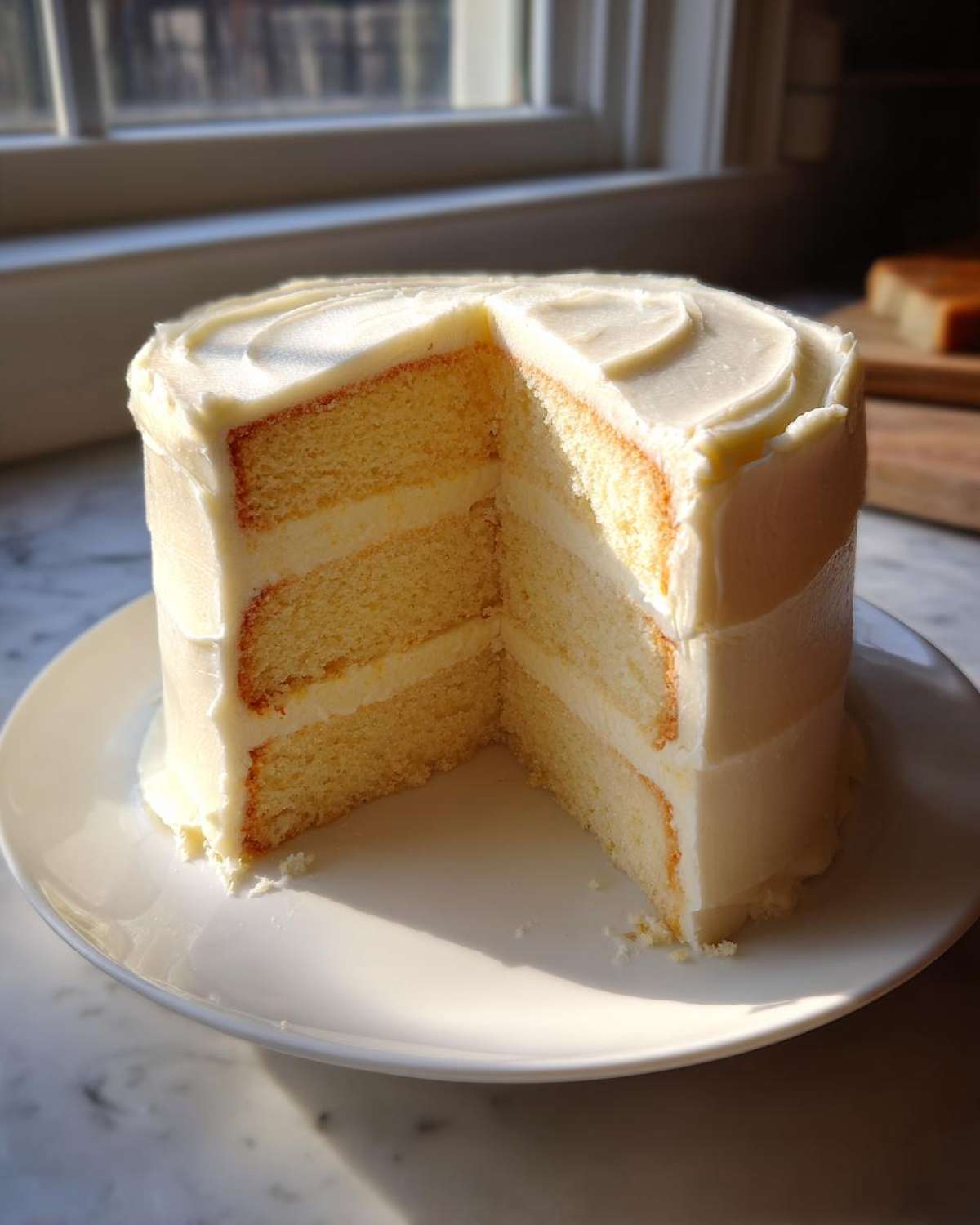 A tall, three-layer vanilla cake recipe slice removed, showing moist yellow layers and white buttercream frosting.