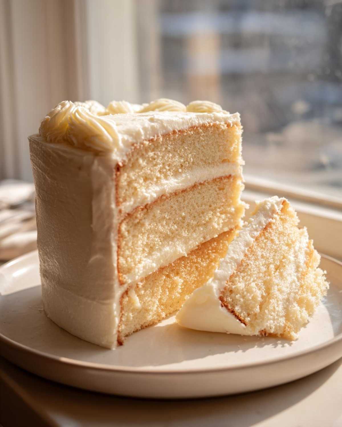 A tall slice of moist vanilla cake recipe layered with white frosting, with a small piece broken off, sitting on a plate.