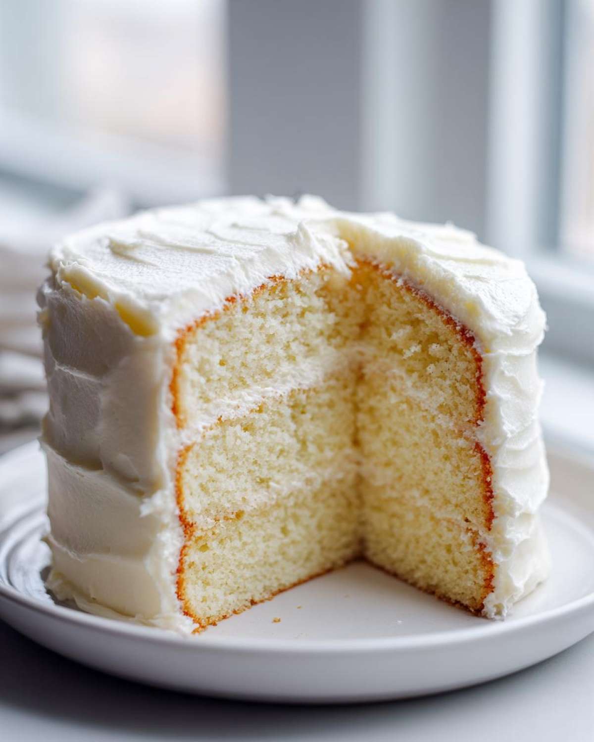 A close-up of a thick slice cut from a moist vanilla cake recipe, layered and covered in white buttercream frosting.