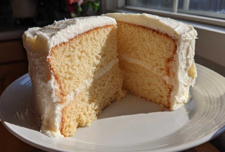 Close-up of a moist vanilla cake recipe slice cut in half, showing two layers and thick white frosting.