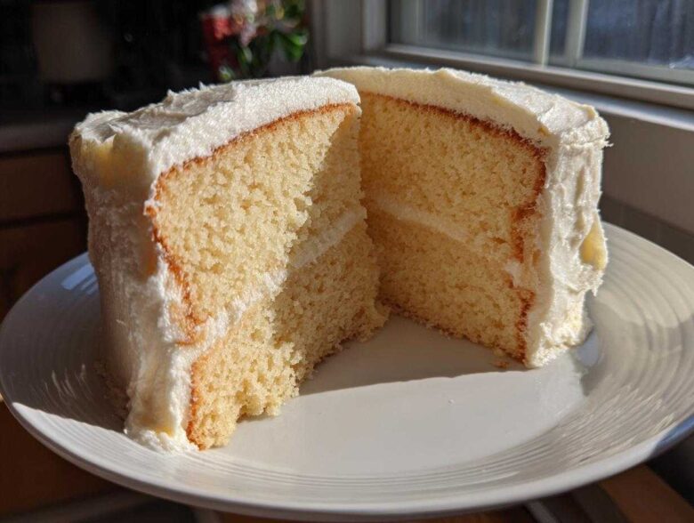 Close-up of a moist vanilla cake recipe slice cut in half, showing two layers and thick white frosting.