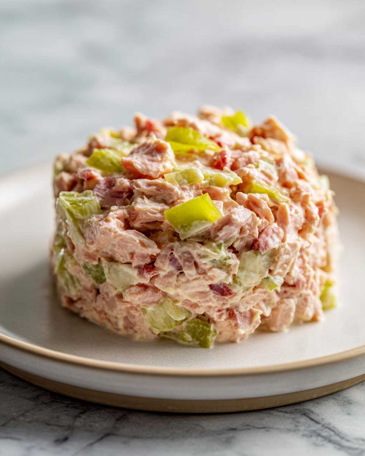 A molded serving of creamy ham salad mixed with crunchy green celery pieces, presented on a white plate.