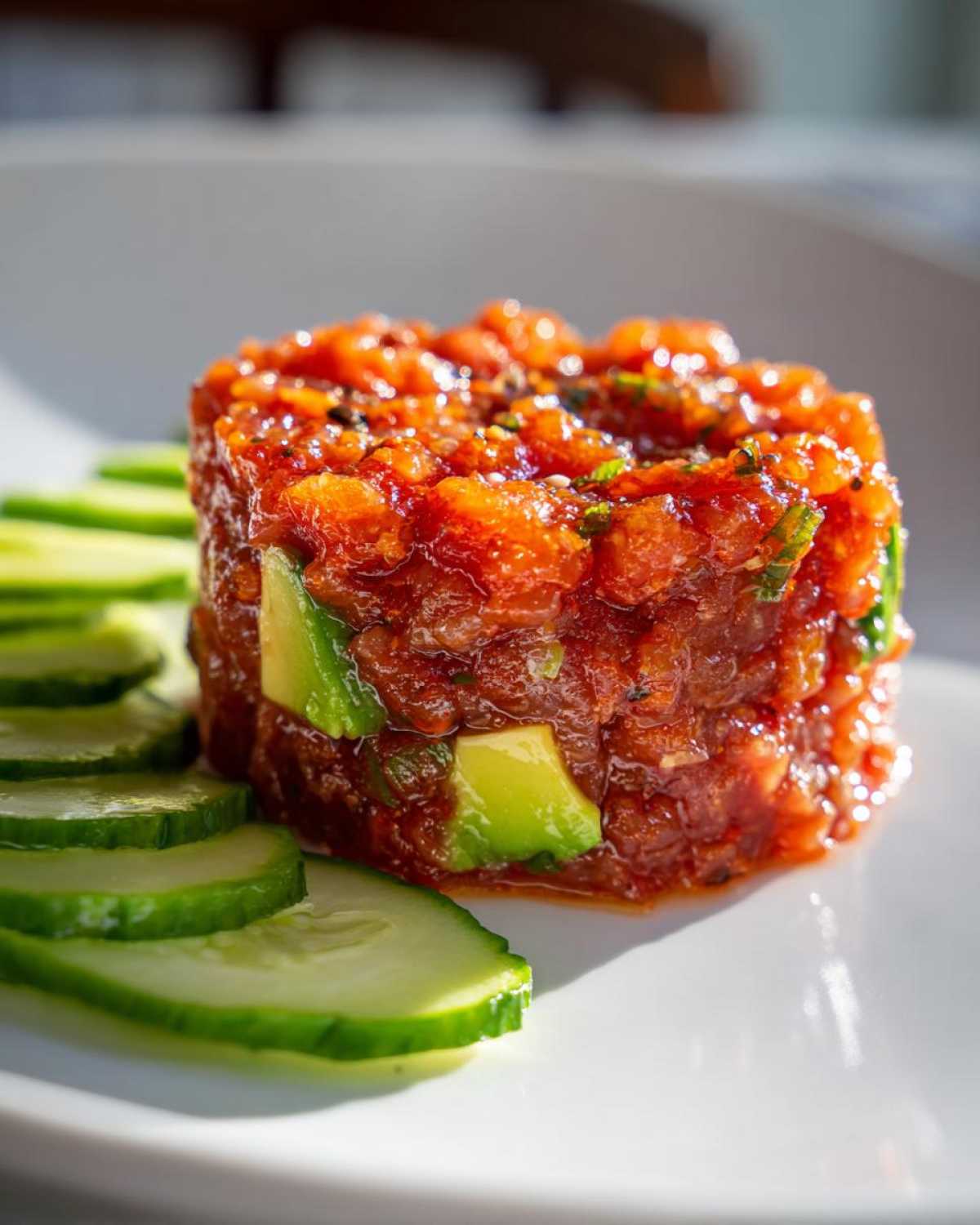 Close-up of molded tuna tartare garnished with avocado pieces and served with sliced cucumbers.