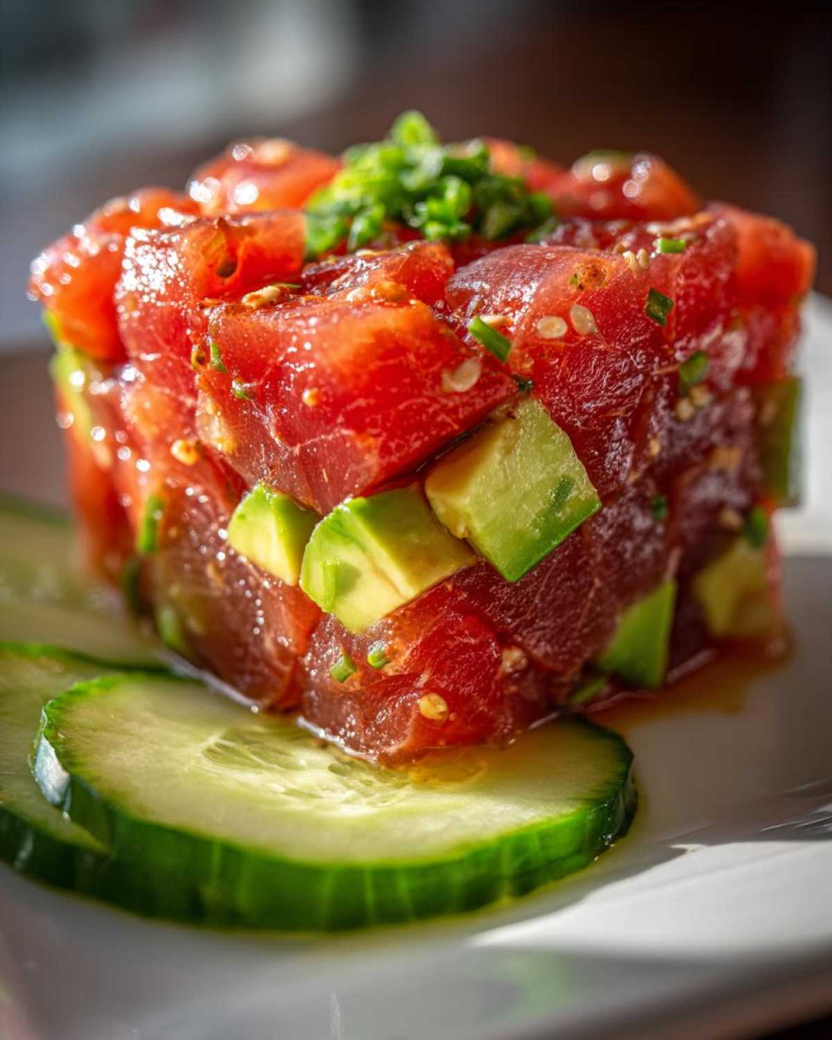 Close-up of a molded portion of fresh tuna tartare layered with avocado cubes and topped with chives.