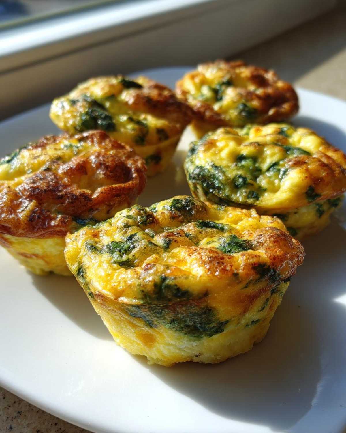 Close-up of five fluffy muffin tin egg bites, speckled with green spinach, sitting on a white plate.