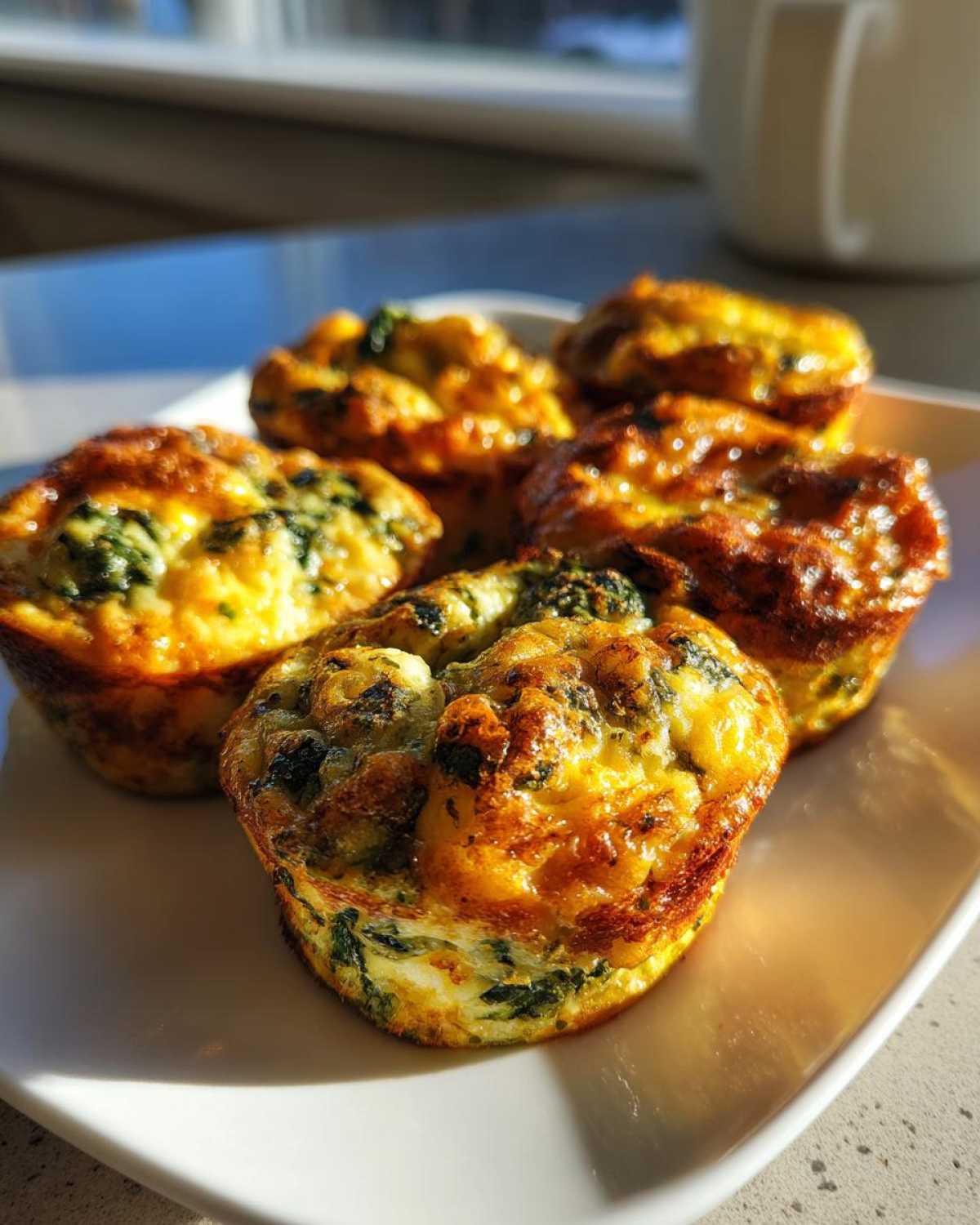 Close-up of several golden brown muffin tin egg bites with visible spinach on a white plate.