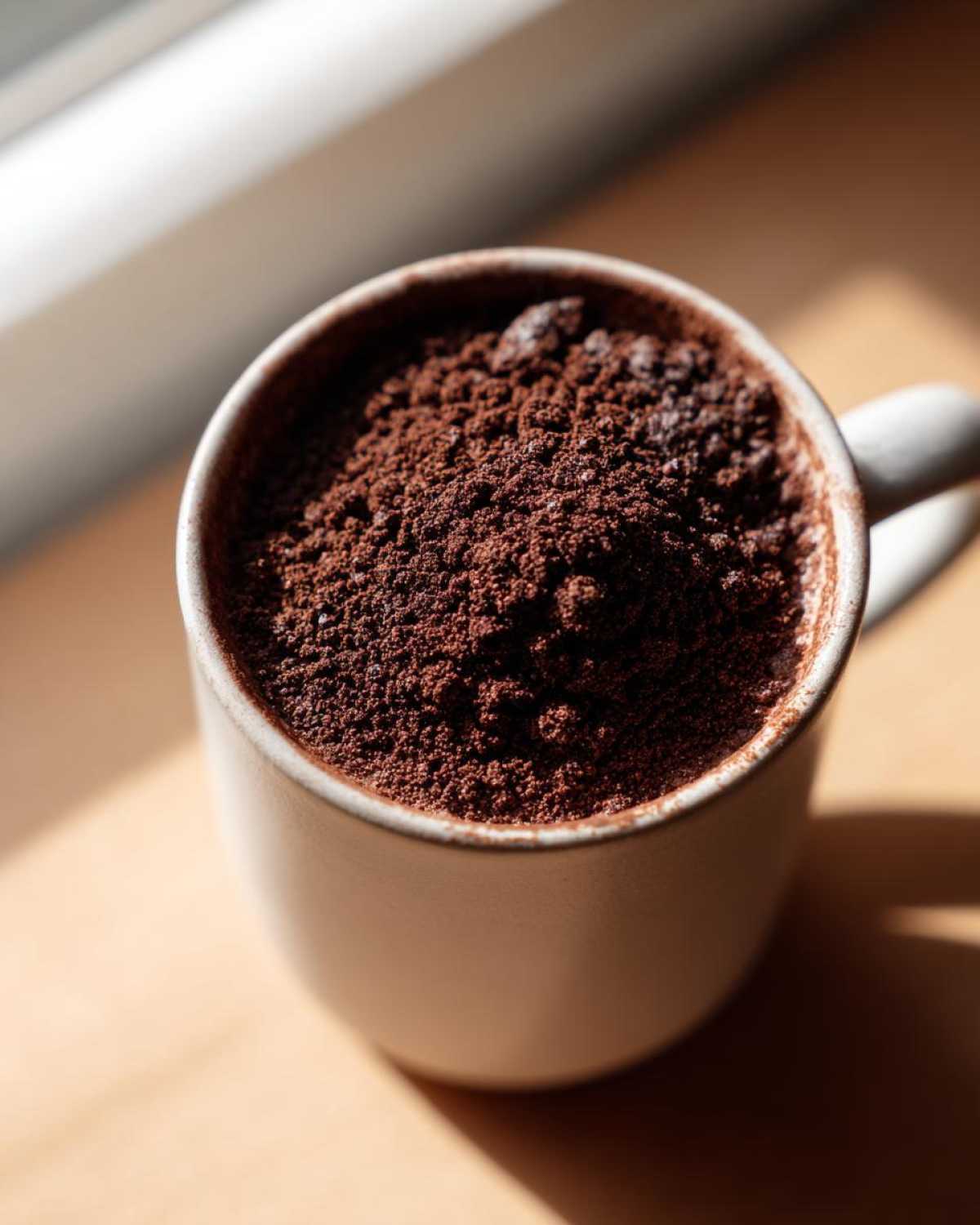 Close-up of a mug overflowing with rich, dark brown homemade hot cocoa mix powder.