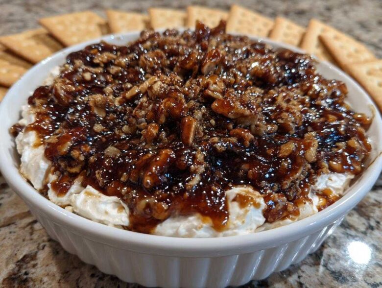 Close-up of a creamy no-bake pecan pie dip topped with sticky caramel and chopped pecans, served with crackers.